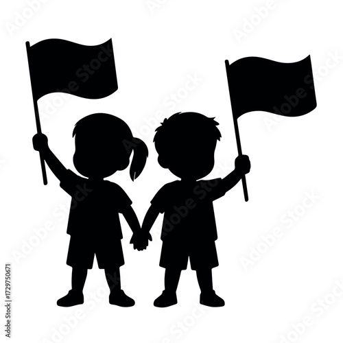 Silhouette of children holding flags vector illustration for graphic design and creative projects use