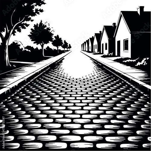 Black and white vector illustration of a stone paved street with houses and trees drawing art 100