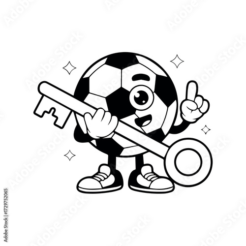 Soccer ball cartoon character holding a key vector illustration for sports and design projects needs