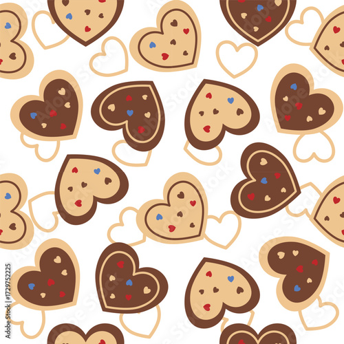 Cute Christmas Gingerbread Cookies seamless pattern.Love heart sweet homemade biscuits. Beautiful modern colorful style.New Year ornament background. Design for happy holiday decorate,Valentine,decor