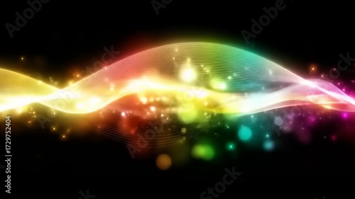 Abstract design featuring a vibrant display of colorful lights and glowing particles against a dark background.