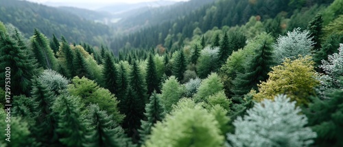 Aerial View of Dense Green Forest Canopy Sunlight Filtering Through Trees Creating Serene Atmosphere