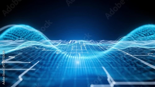 Dynamic digital data streams flowing across glowing futuristic grid, representing abstract technology, information flow, and network connections in a vibrant blue digital landscape.