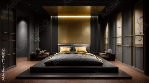 Opulent Bedroom Sanctuary: Luxurious bedroom featuring a meticulously designed interior with a focus on the sophisticated combination of black and gold. A tranquil space for rest and rejuvenation.