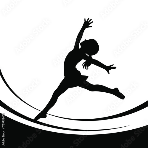 Silhouette of a Girl Jumping with White Background and Curved Lines