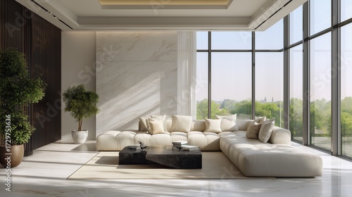 Modern Living Room with Natural Light: A spacious, sun-drenched living room boasts minimalist décor, with plush seating and a panoramic view inviting tranquility and modern luxury.