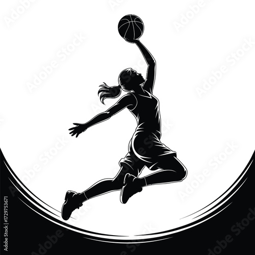 Silhouette of a Dynamic Female Basketball Player in Mid Air, Holding a Ball, Ready to Score a Basket, Action Sports