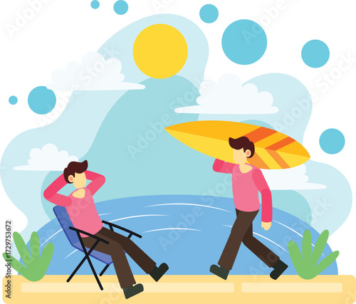 Two men enjoying summer vacation with surfboard at beach illustration