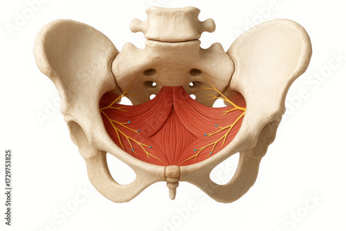 Anatomical illustration of human pelvic floor muscles and nerves, showing the sacrum, ilium, ischium, and obturator internus muscle with nerve branches.