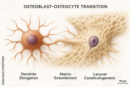 Illustration of the osteoblast-osteocyte transition showing cell development and bone matrix formation.