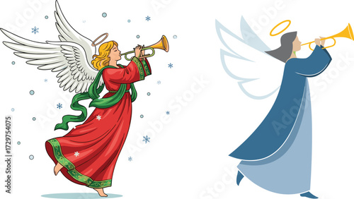 Christmas angel illustration with trumpet, festive holiday art, angel wings, halo, blowing horn, winter decoration, spiritual symbol, religious celebration