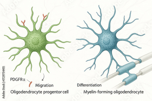 Illustration of Oligodendrocyte Progenitor Cell Migration and Differentiation into Myelin-Forming Oligodendrocyte