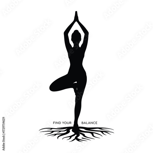 Woman in Tree Pose Above Roots, Finding Balance in Life