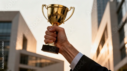 Businessperson Holding Golden Trophy (Modern Architecture Background)