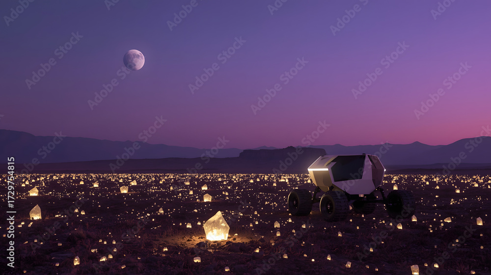 Obraz premium Alien Surface Exploration with Glowing Crystals, Futuristic Rover on Exotic Planet, Mining for Interstellar Gems at Twilight