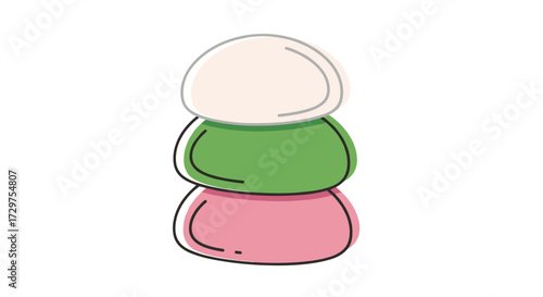 Stacked Dango: A minimalist illustration of stacked dango featuring the traditional colors of white, green, and pink, a visual representation of a Japanese sweet snack.
