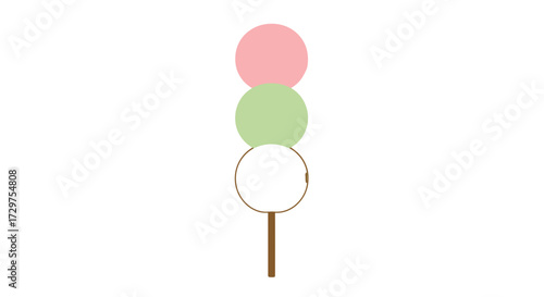 Dango in Minimalist Style: A simple yet elegant illustration of dango, featuring three colorful rice flour dumplings skewered on a wooden stick.
