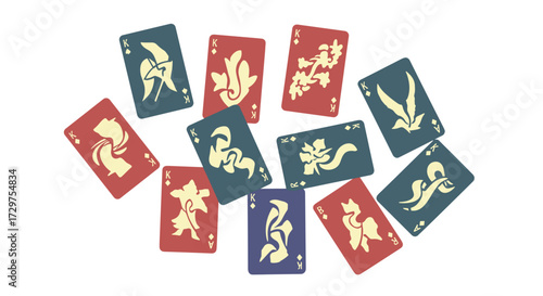 Artistic Deck of Cards: An artistic depiction of a spread of playing cards with various ornamental designs, a symbol of chance, skill, and the games that bring people together.