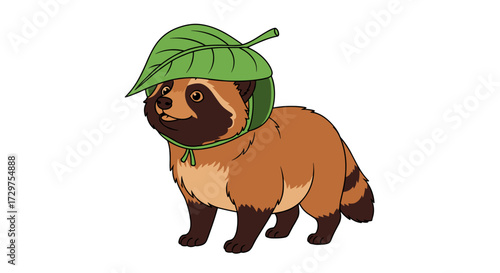 Playful Tanuki: A charming tanuki character, adorned with a leafy hat, exudes an air of gentle cheerfulness. It is the perfect illustration for all of your creative needs.
