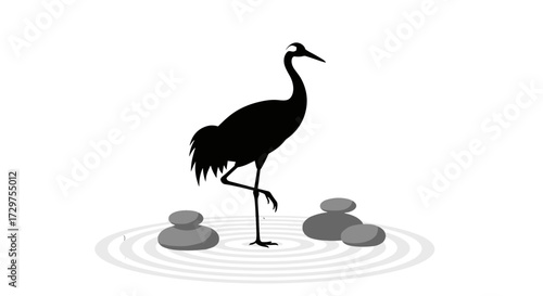 Zen Crane in Serene Meditation: A silhouette of a crane elegantly poised in a zen garden with circles symbolizing the flow of life, stones representing balance and tranquility.