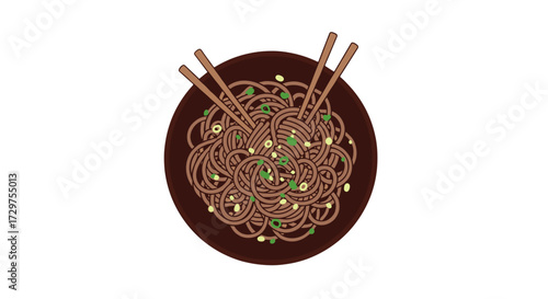Aromatic Noodles: A tempting overhead view of a brown bowl of flavorful noodles with wooden chopsticks, a delicious moment. 