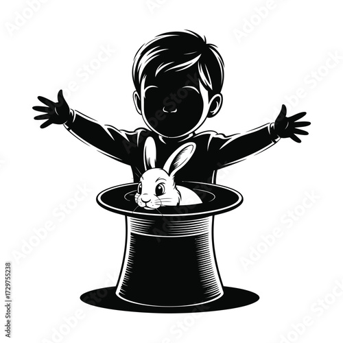 Magician boy presenting a rabbit from top hat