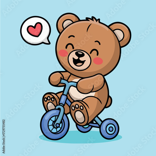 vector concept for cute teddy bear riding tricycle with heart speech bubble love