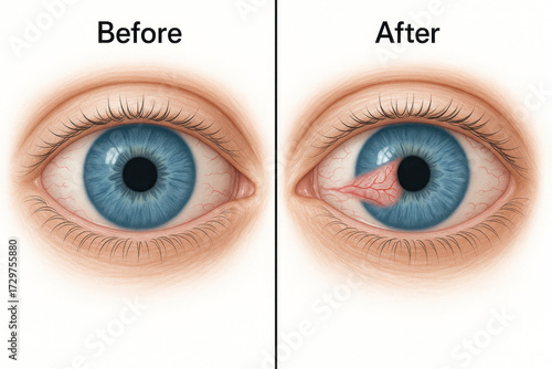 Close-up illustration comparing a healthy blue eye before and after developing a pterygium, a fleshy growth on the conjunctiva.