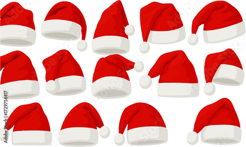 Santa Hat Collection Set Red Christmas Caps Isolated on White Vector Illustration, easily editable and scalable