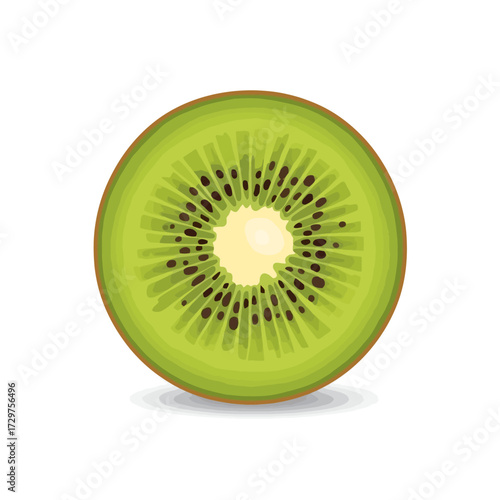 A vibrant cross-section of a kiwi fruit, showcasing its green flesh and black seeds.
