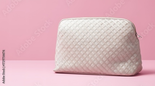 vanity. Stylish cosmetic bag with luxurious texture placed on a soft pink background in a flat lay composition. lifestyle magazines.
