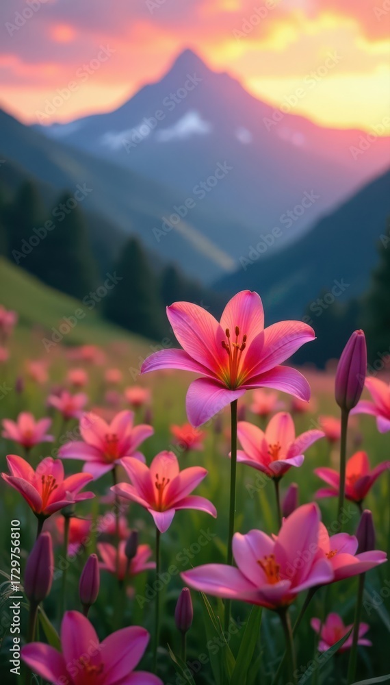 Fototapeta premium Pink lily sunset meadow, vibrant flora, mountain backdrop, nature, peaceful