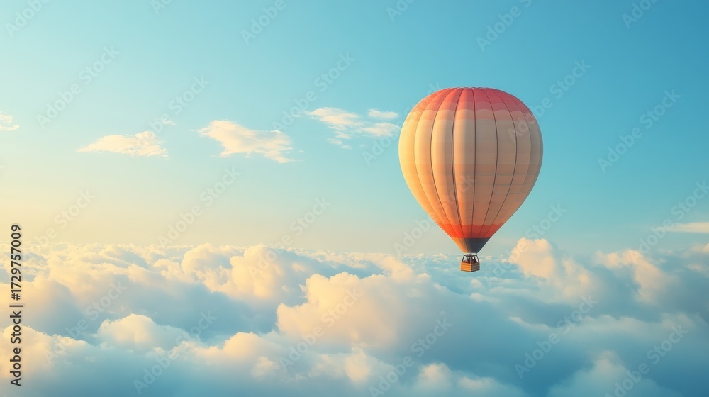 Fototapeta premium Hot air balloon floating above serene blue clouds and sky, Position subject at the top of the image with clear copy space at the bottom for photos.