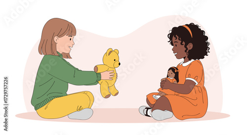 Two young children playing with stuffed animals and dolls sharing toys and friendship.