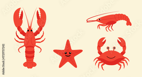 A vibrant collection of red marine crustaceans and echinoderms displayed against a neutral background.