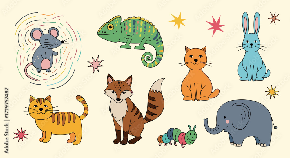 Obraz premium A charming collection of playful cartoon animals including a mouse a chameleon a fox a rabbit and an elephant.