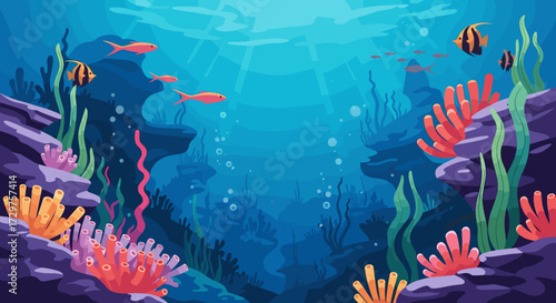 An underwater ocean scene with vibrant coral reefs and small fish swimming in blue water.