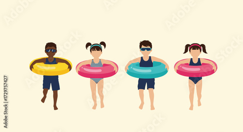 A group of diverse children happily walk in the water with inflatable tubes around their waists.