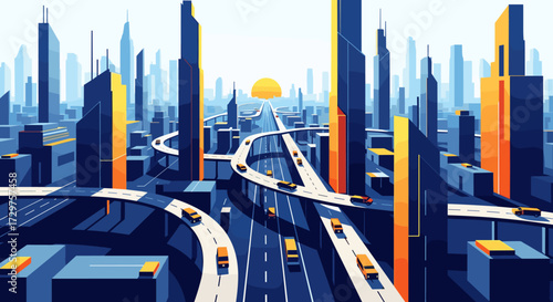 A sprawling futuristic cityscape with elevated highways and modern architecture under a bright sun.