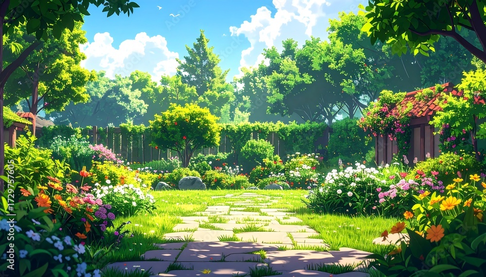 Naklejka premium Vibrant garden path scene