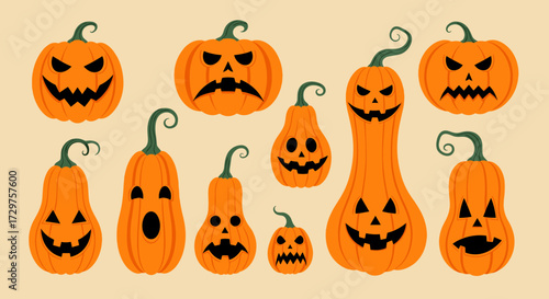A collection of spooky carved Halloween pumpkins with various scary faces.
