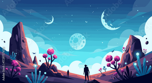 An astronaut explores a vibrant alien planet under a sky filled with moons and stars.