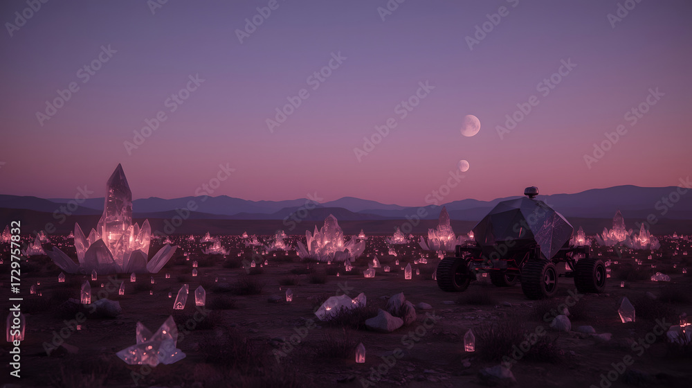 Obraz premium Alien Surface Exploration with Glowing Crystals, Futuristic Rover on Exotic Planet, Mining for Interstellar Gems at Twilight