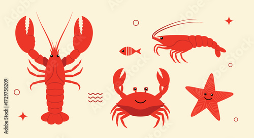 A collection of colorful marine creatures including a lobster crab shrimp starfish and fish.
