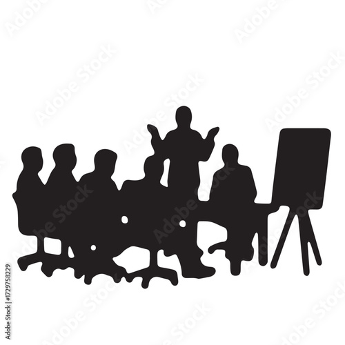 Silhouettes of business people sitting, men and women sit on armchair, office chair with laptop, tablet, as a office meeting.
