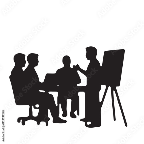 Silhouettes of business people sitting, men and women sit on armchair, office chair with laptop, tablet, as a office meeting.

