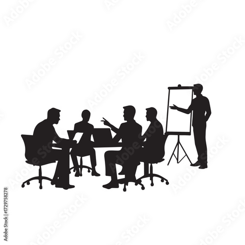 Silhouettes of business people sitting, men and women sit on armchair, office chair with laptop, tablet, as a office meeting.

