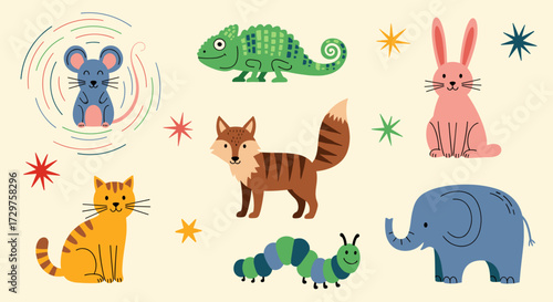 A whimsical collection of cute cartoon forest animals and insect friends in a vibrant, playful setting.