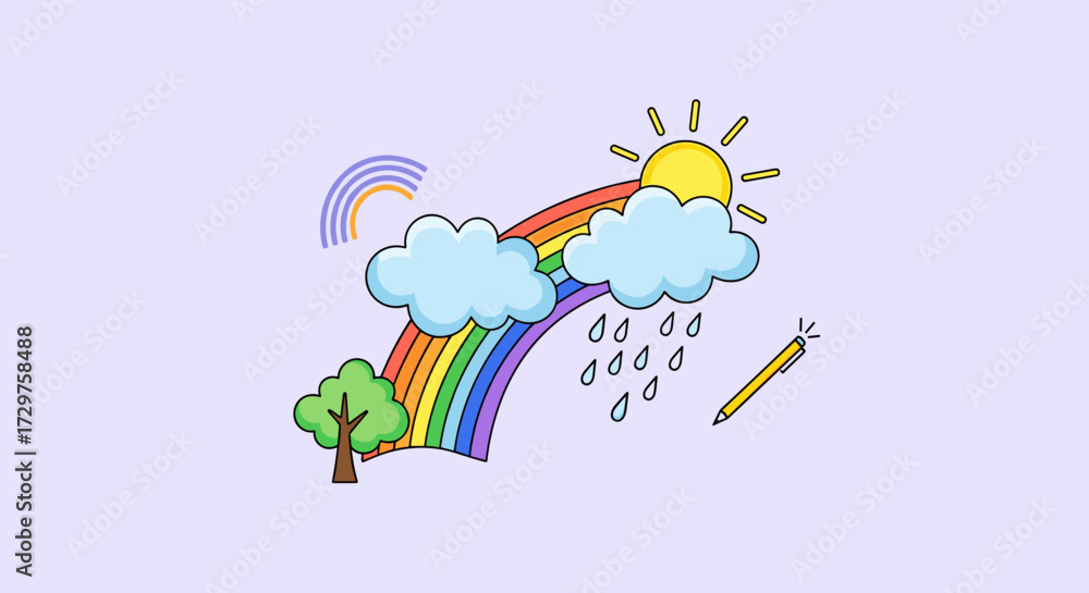 Fototapeta premium A colorful illustration depicts a rainbow a tree and clouds with falling rain next to a sun and a pen.