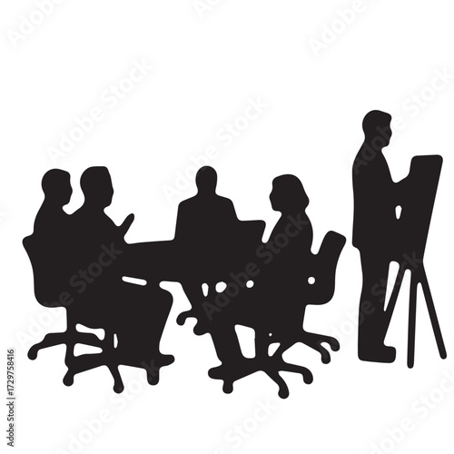 Silhouettes of business people sitting, men and women sit on armchair, office chair with laptop, tablet, as a office meeting.
